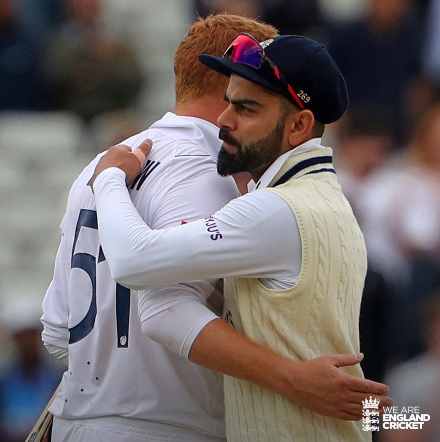 Jonny Bairstow and Virat Kohli hugging at Edgbaston after Test match.