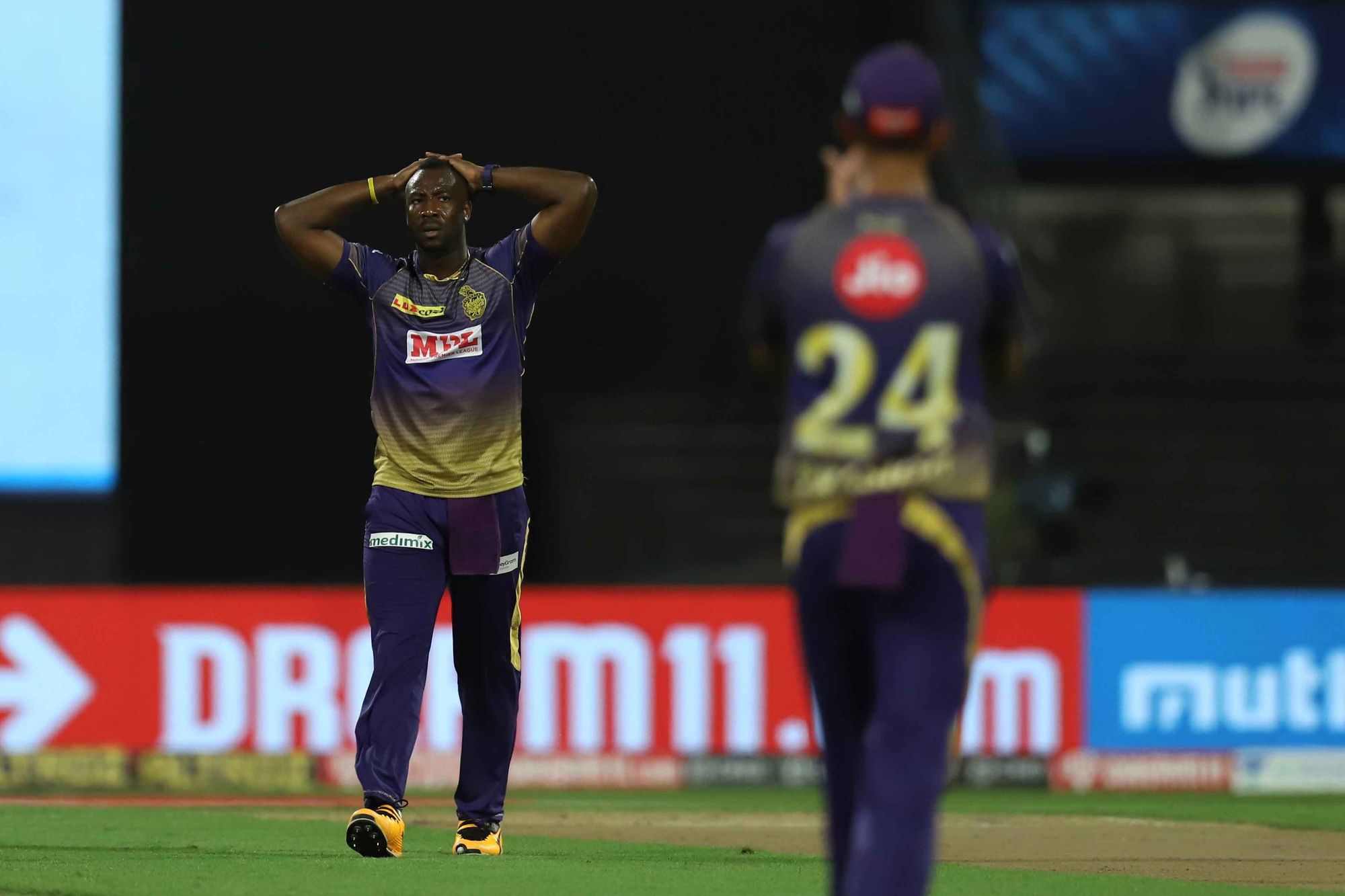 Andre Russell of KKKR reacts during match against RCB