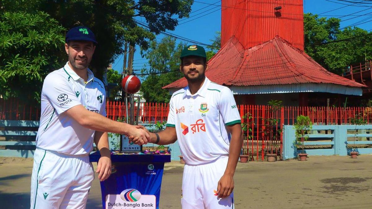 Ireland skipper Andrew Balbirnie and Bangladesh captain Najmul Hossain Shanto with the Test series trophy in Sylhet