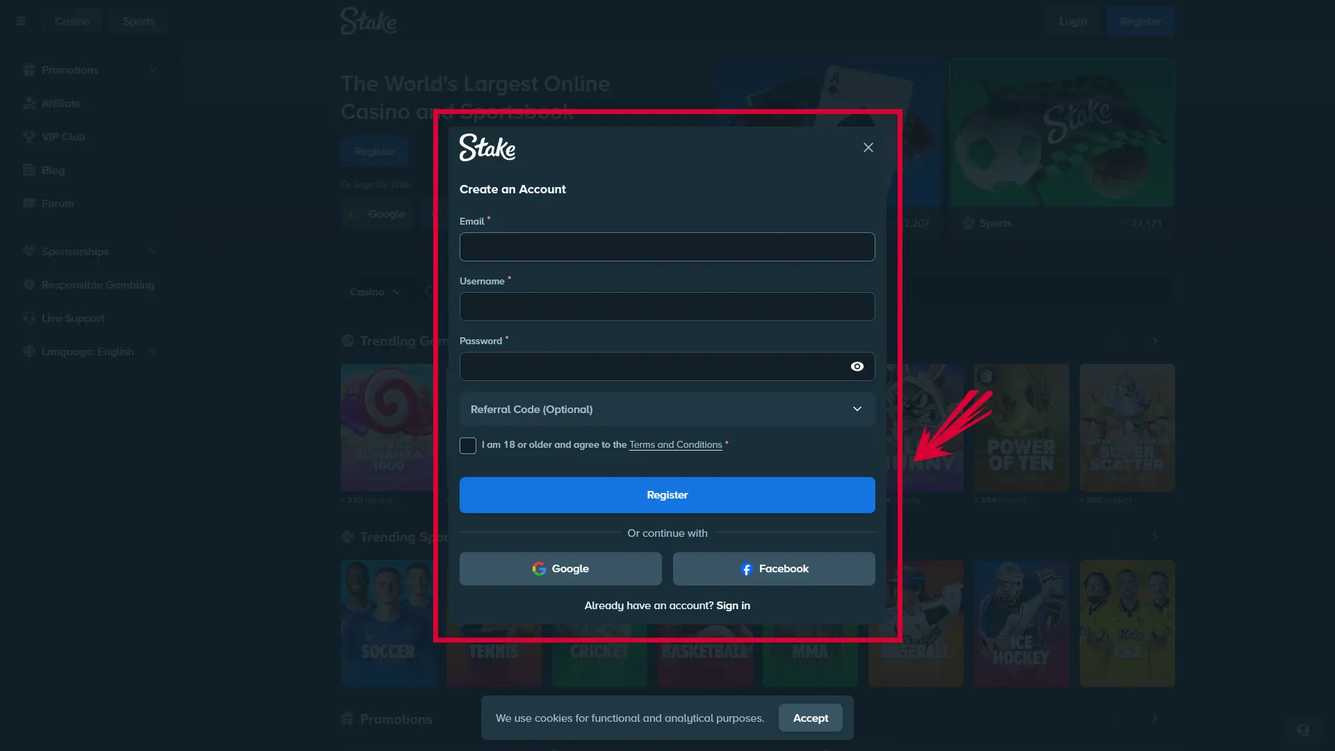 Go to the Stake website and click the Register button in the top right corner of the page.