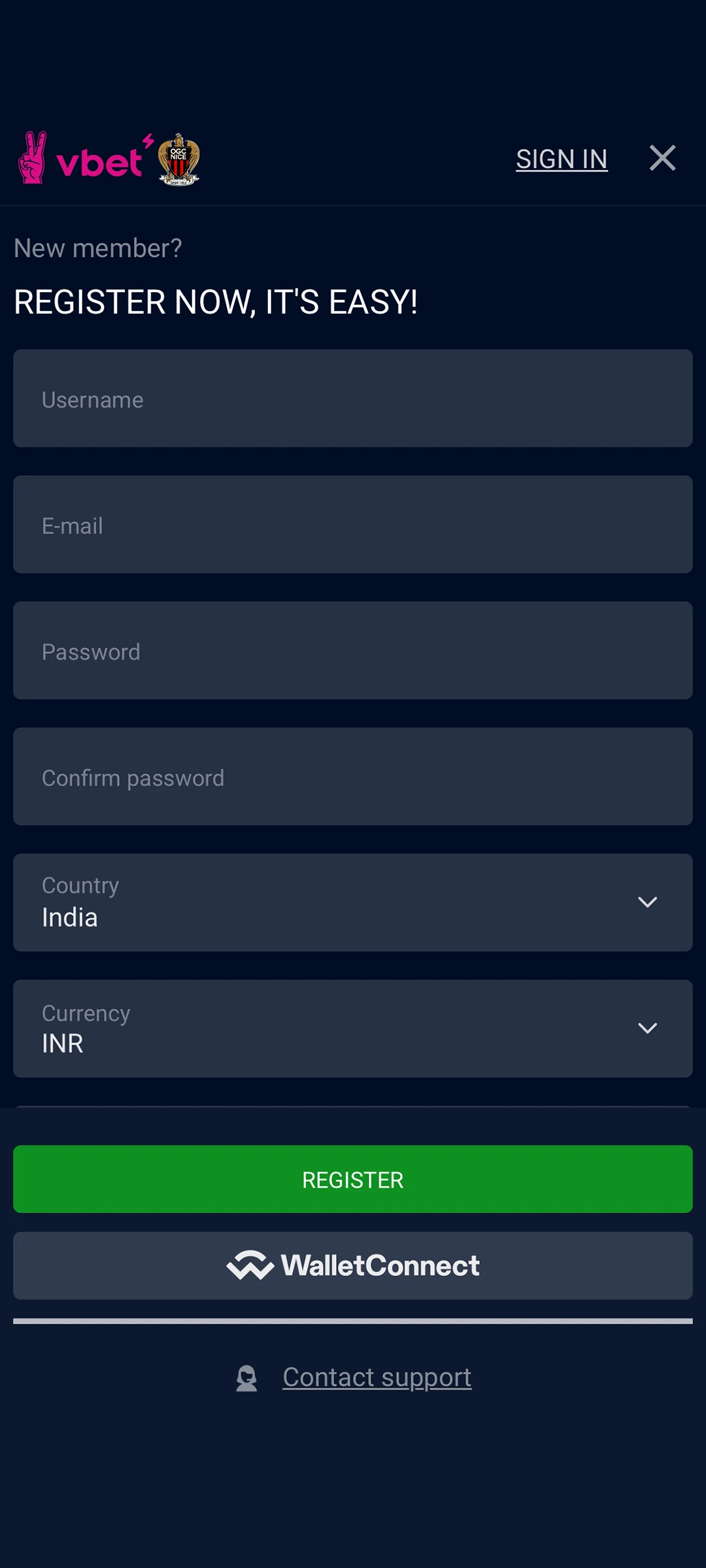 Login and password entry window on the Vbet website.