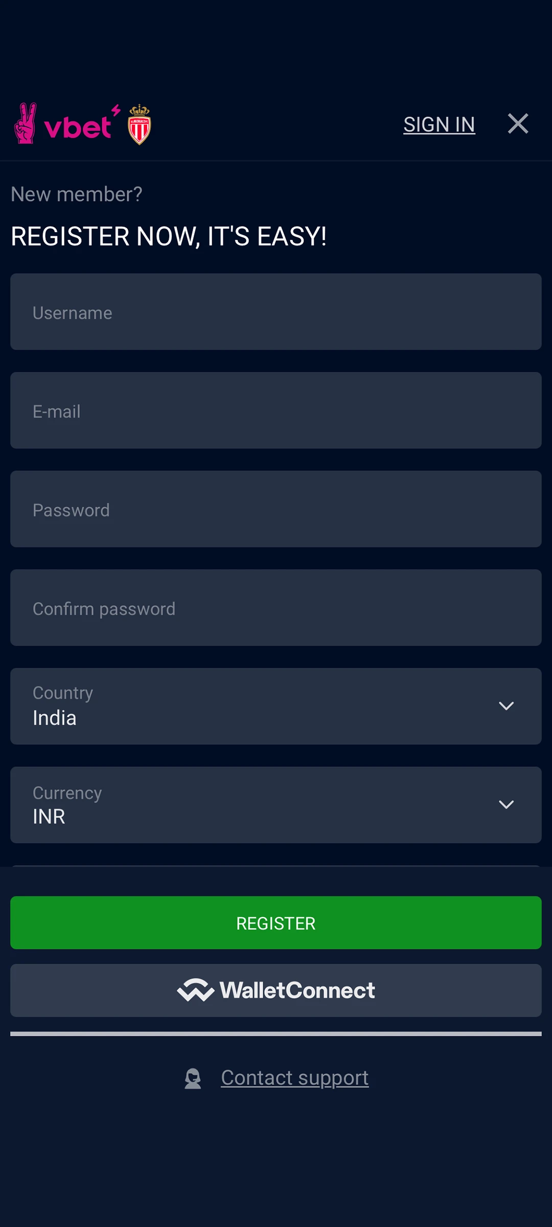 Account registration window on Vbet mobile app.
