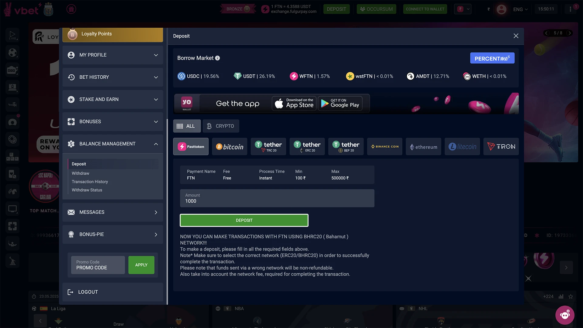 Vbet deposit window.