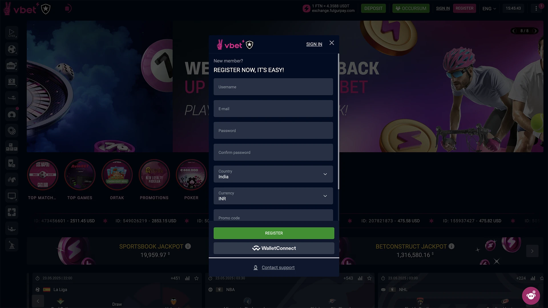Account creation window on Vbet website.