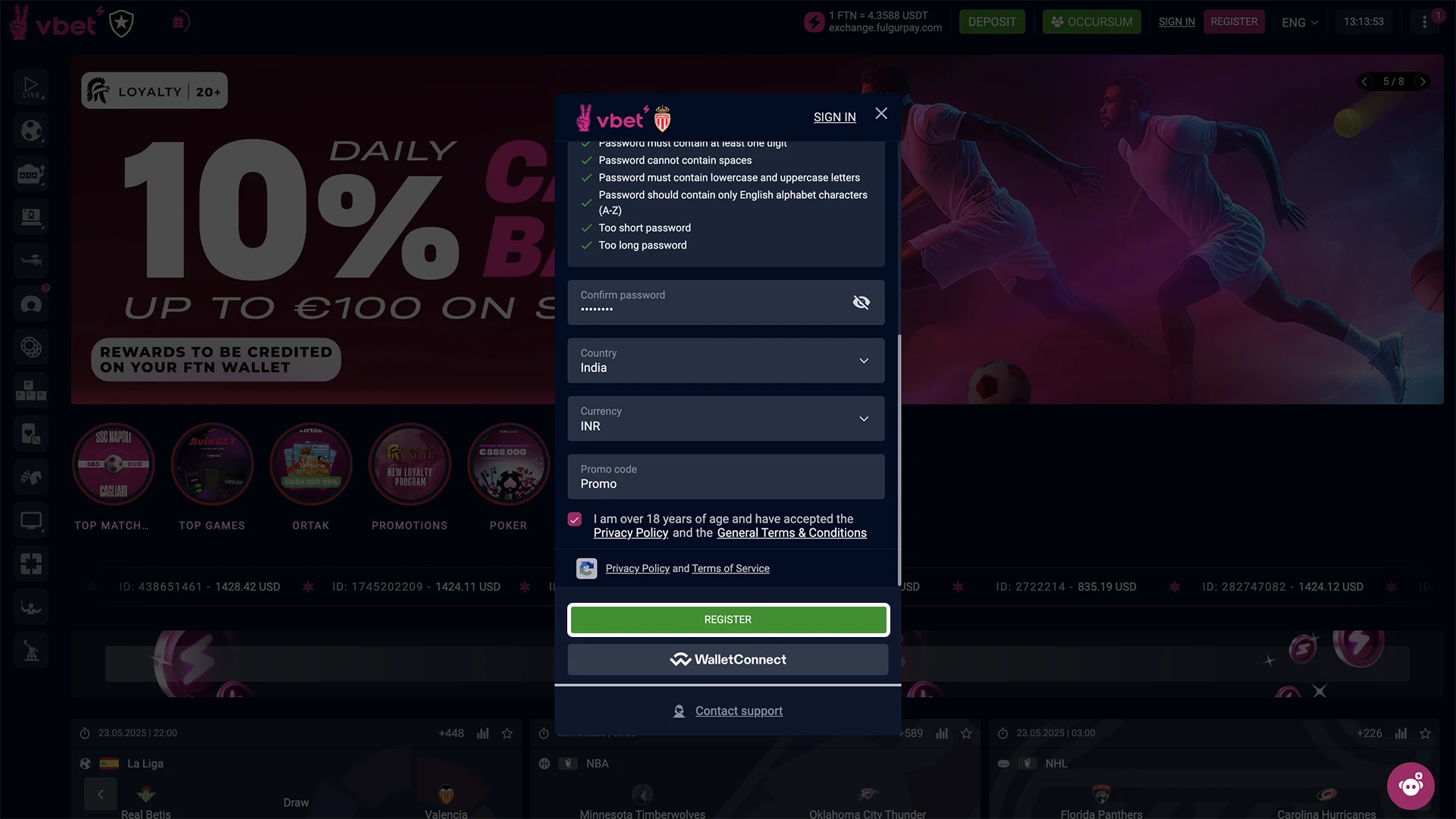 Completed registration form on the official Vbet website.