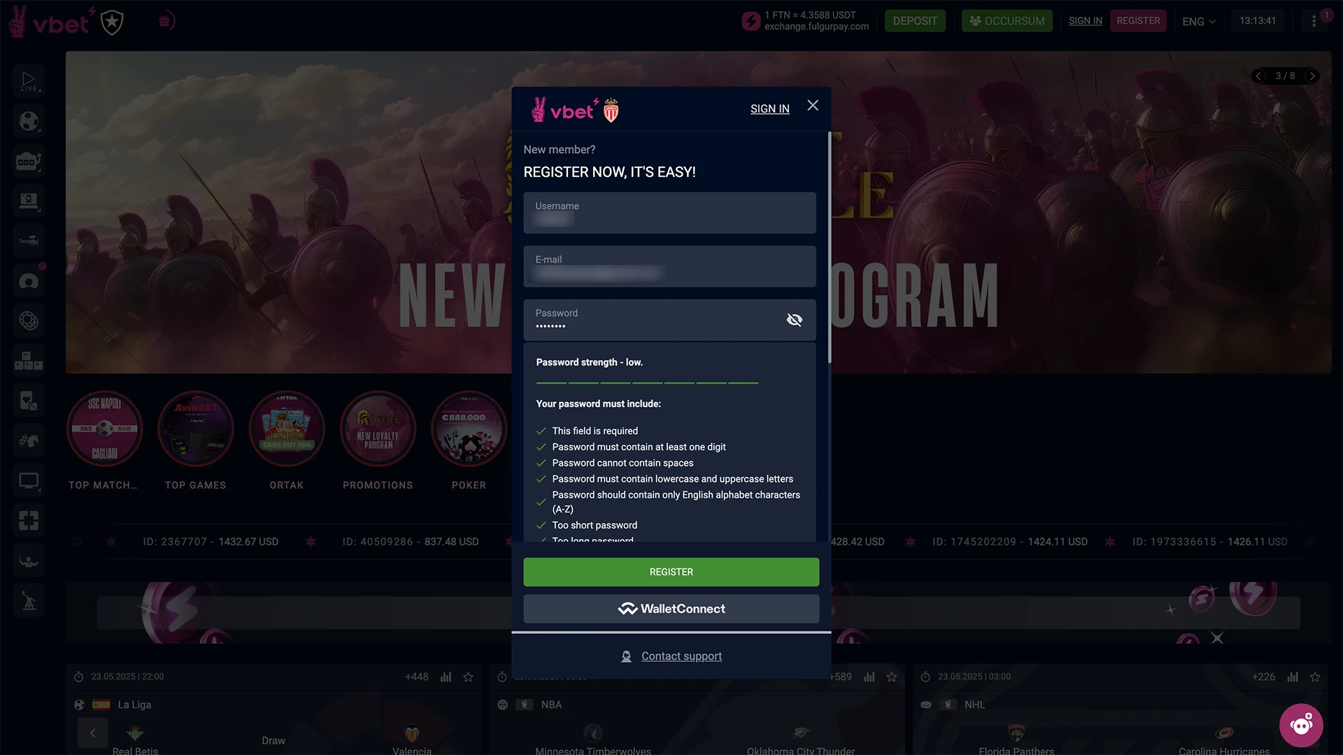 Registration form on Vbet official website.