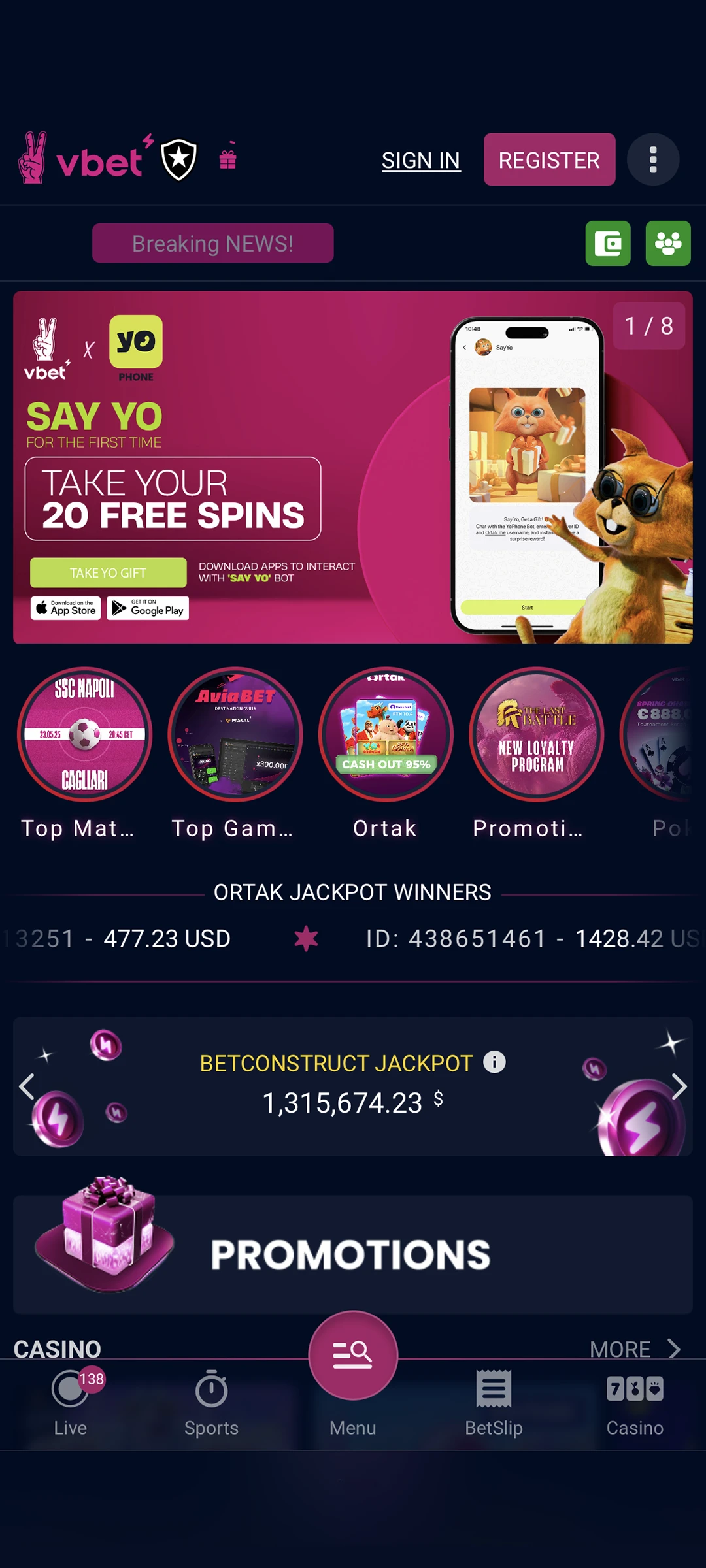 Official Vbet website on a mobile device.