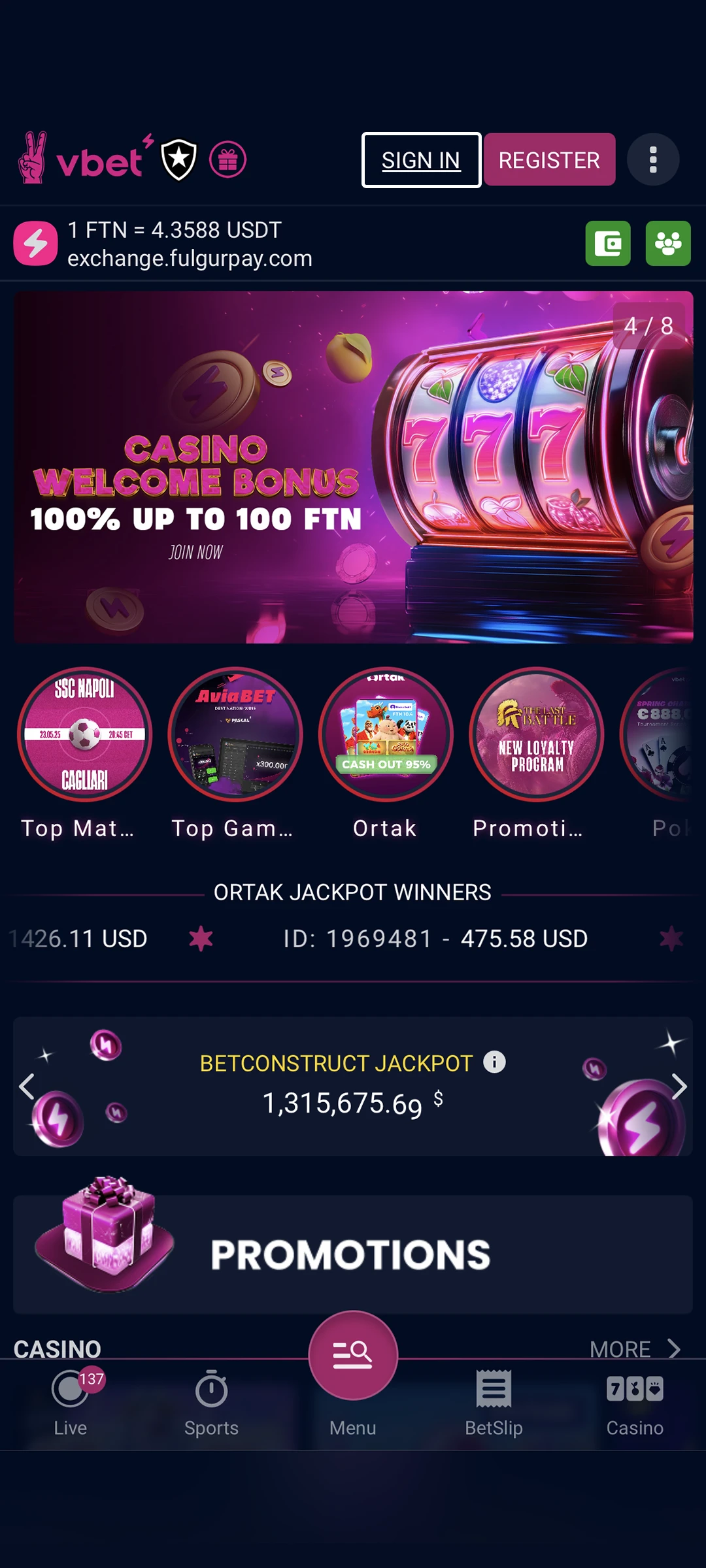 Sign In botton on the official Vbet website.