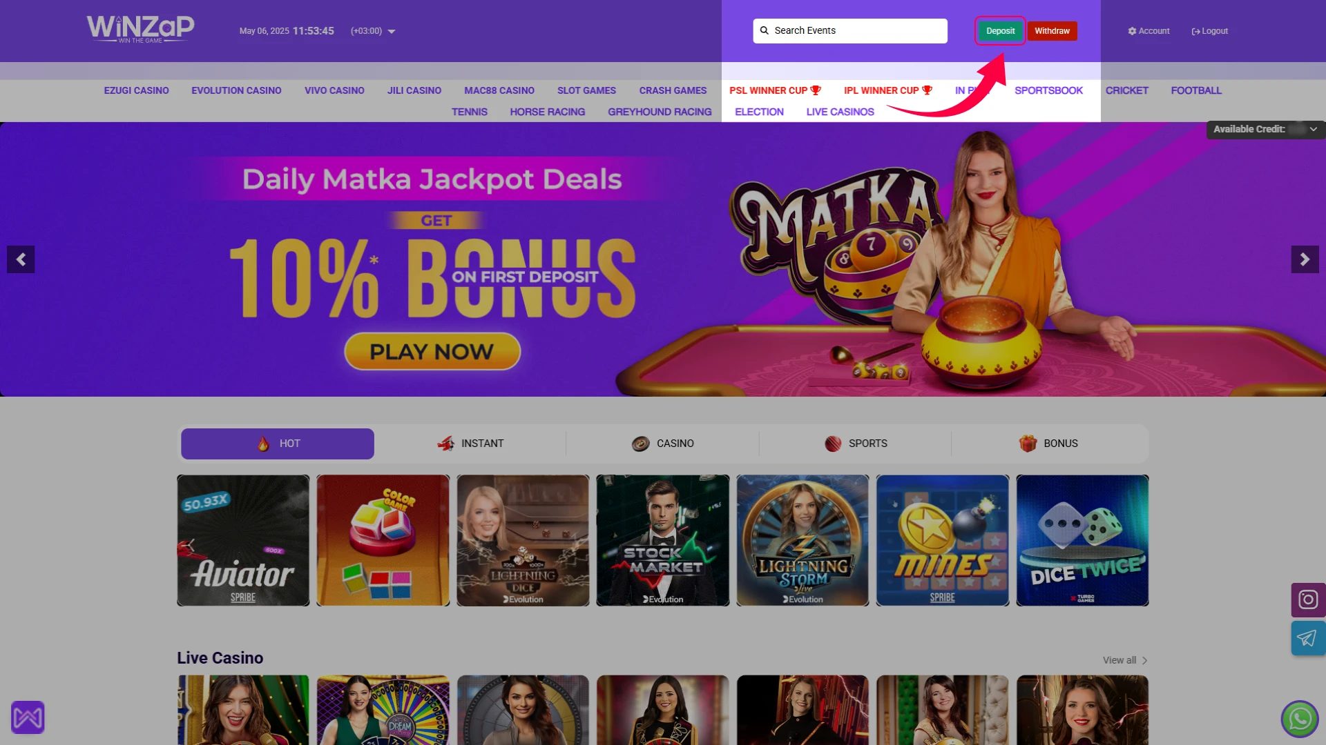 Go to the top and click on Deposit.